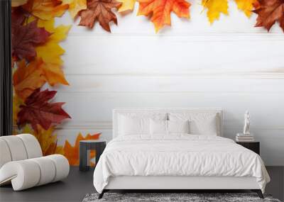 Fall leaves border on light wooden surface, generative AI Wall mural