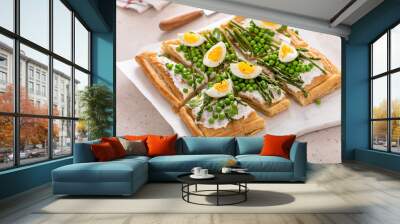 Fresh spring tart with green peas and asparagus on puff pastry Wall mural