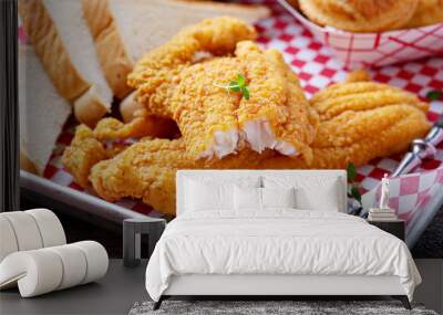 Fried catfish with cornbread dipped with buttermilk and seasoned with cornmeal, southern tradition Wall mural