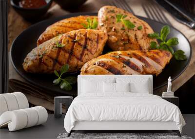 Grilled chicken breast with potatoes and herbs on a board, generative AI Wall mural