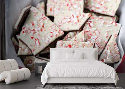 Homemade peppermint bark, white and dark chocolate with crushed candy canes Wall mural