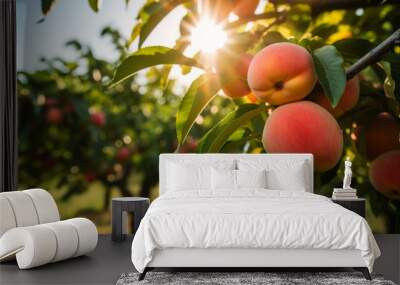 Peach tree with ripe peaches outside on sunny day in an orchard, generative AI Wall mural