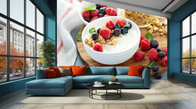 Plain yougurt with granola and berries on side, fresh, healthy and colorful breakfast Wall mural