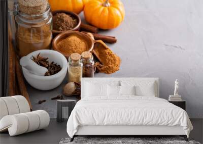 Pumpkin pie spice in a glass jar with ingredients Wall mural