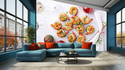 Spicy shrimp and cucumber, New Years Eve or Christmas party appetizer Wall mural