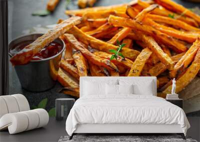 Sweet potato fries with mayo and ketchup, homemade roasted in the oven Wall mural