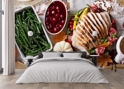 Thanksgiving dinner table, overhead shot, long banner Wall mural