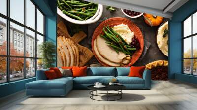 thanksgiving plate with turkey, mashed potatoes and green beans Wall mural