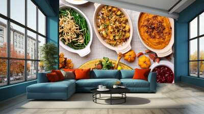 Traditional Thanksgiving sides, green beans casserole, stuffing and sweet potatoes Wall mural