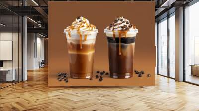 Two varieties of iced coffee with whipped cream and caramel drizzle Wall mural