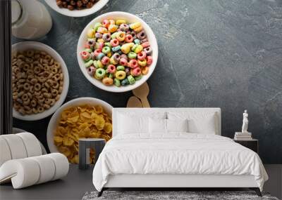 Variety of cold cereals in white bowls Wall mural