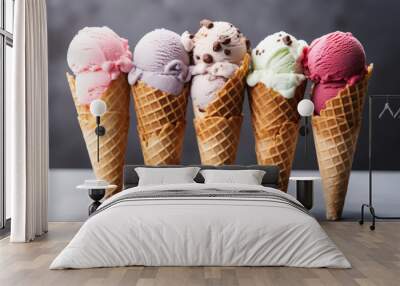 Variety of ice cream in waffle cones, chocolate, vanilla and berry flavors Wall mural