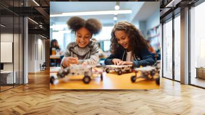 Young students girls and boys are working on engineering or STEM project together in the classroom Wall mural