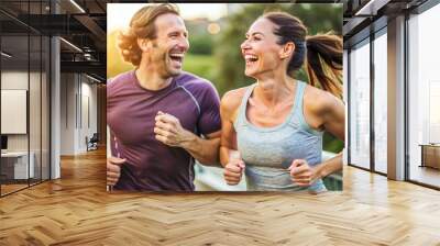 A close-up of a couple laughing together while running. Wall mural