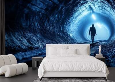 A solitary figure walks through a dimly lit tunnel, creating a sense of mystery and exploration in a dark environment. Wall mural