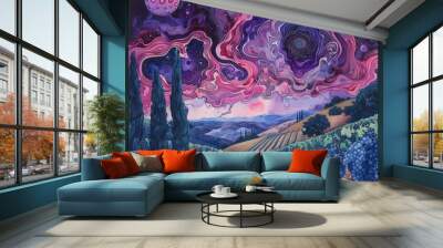 Surreal Vineyard: Psychedelic Grapevines in a Holographic Purple Sky with Watercolor Effects Wall mural