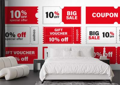 Discount coupon. coupon set, 10% off discount coupon, special offer, big sale, gift voucher, special coupon red vector illustration Wall mural