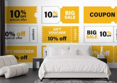 Discount coupon. coupon set, 10% off discount coupon, special offer, big sale, gift voucher, special coupon yellow vector illustration Wall mural