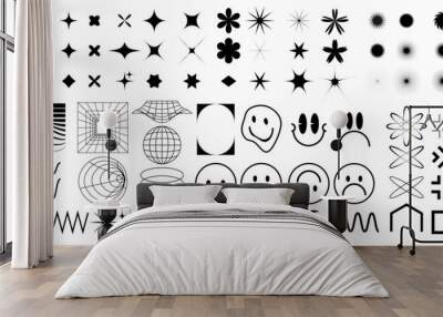 Retro futuristic elements, Y2K abstract brutalism shapes, geometric shapes, symbols and objects, black Wall mural