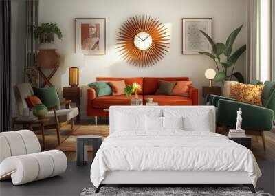 A mid-century modern and luxury living room with iconic furniture pieces, bold colors, and a sunburst clock  Wall mural