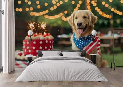 A playful golden retriever puppy wearing an American flag bandana, sitting next to a red, white and blue layer cake decorated with sparklers, with a blurred background of a 4th of July backyard Wall mural