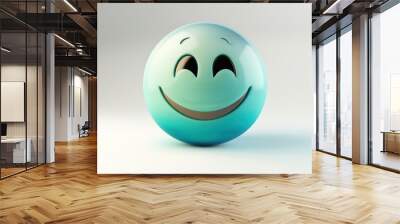 A 3D-rendered emoji with a gradient from sky blue to sea green, displaying a broad smile, isolated on a white background, radiating joy and friendliness Wall mural