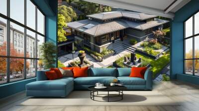 Aerial view of a grey craftsman home, spotlighting its distinct minimalist garden and contemporary sculptures. Wall mural