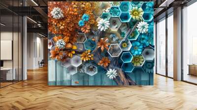 Fantasy-themed 3D mural on wooden oak with white lattice tiles, tree with kaleidoscopic leaves in turquoise, blue, brown, colorful hexagons, floral background. Wall mural