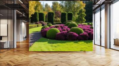 Landscaping of a garden with a bright green lawn, colorful shrubs, decorative evergreen plants and shaped boxwood Wall mural