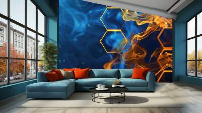 Lustrous gold smoke winds through deep blue hexagons, opulent minimalist art. Wall mural