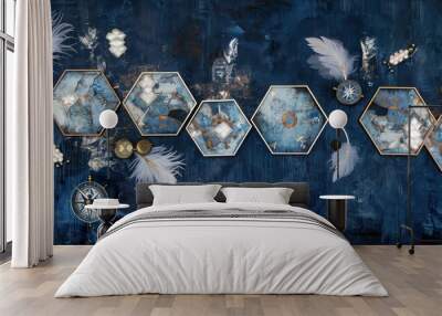 Luxurious elongated mural featuring hexagons with pearl feathers and navigational compasses, against a deep indigo textured base Wall mural