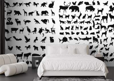 animals silhouette set. Big mammals collection. Livestock and poultry icons. Rural landscape. Group of animal of forest or wild. Sea animal and birds Wall mural