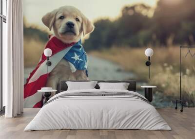 Cute Labrador Puppy Wearing a Superhero Costume and an American Flag Cape for Independence Day  Wall mural