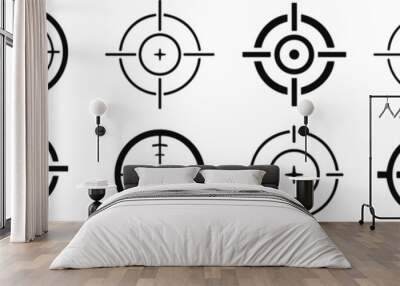 Different icon set of targets and destination. Target and aim, targeting and aiming. Crosshair, gun sight vector icons. Bullseye, black target or aim symbol. Military rifle scope, shooting mark Wall mural