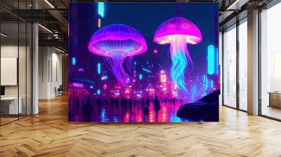 glowing jellyfish flying in the air in cyberpunk city at night in synthwave color scheme
 Wall mural