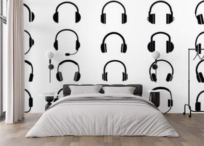 Headphones icons set. Realistic wireless over ear headphone collection vector illustration. Earphone Wall mural