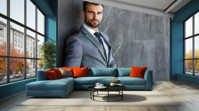 Smart and stylish businessman in a grey suit, displaying confidence and a photogenic face Wall mural