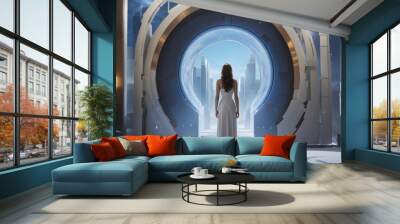 Two women in white dresses stand before a large, circular doorway leading to a blue and white futuristic city.

 Wall mural