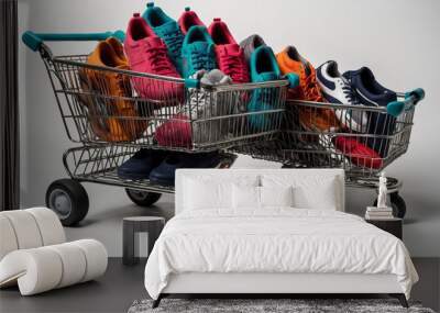 Shopping trolley filled with shoes on black friday isolated on white background Wall mural