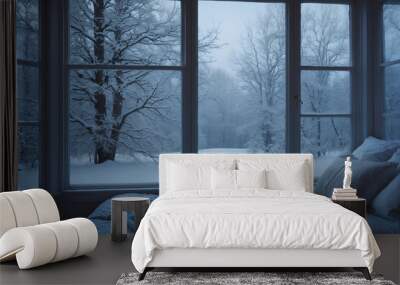 Snowfall outside a cozy bedroom window, soft blue tones, calm and silent winter morning ambiance Wall mural