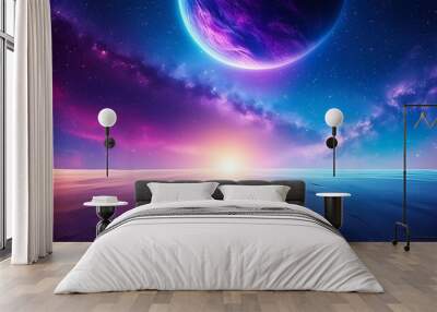 a colorful space background with a blue and purple sky and a purple and blue sun Wall mural