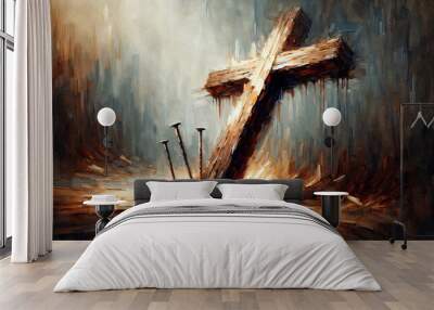  Arma Christi: Holy Nails, and Cross. Wooden cross and nails on a wall, 3d rendering. Computer digital drawing. Wall mural