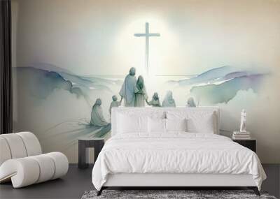  People holding hands and looking at the cross. Digital watercolor painting.
 Wall mural