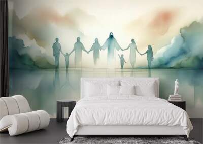  People holding hands with Jesus Christ. Digital watercolor painting.
 Wall mural