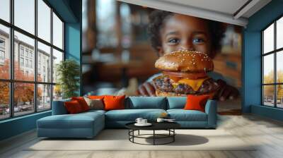 African american little boy eating hamburger in fast food restaurant. Wall mural