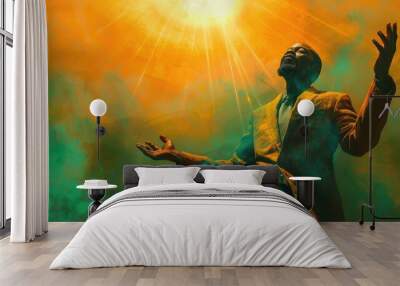 African american man in worship on abstract, warm, colorful background with sun. Digital oil painting. Wall mural