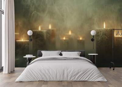 All Saints' Day. Burning candles in a dark room with smoke. Wall mural