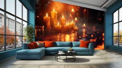 All Saints' Day. Burning candles in the dark with bokeh effect. 3d rendering. Wall mural