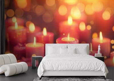 All Saints' Day. Burning red candles on a dark background with bokeh. Wall mural