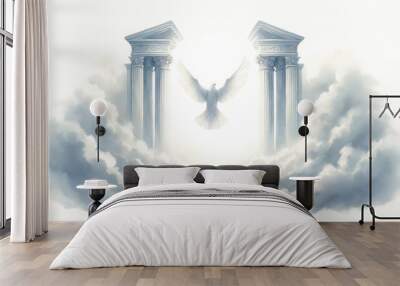 Ascending Dove. Ascension. Conceptual image of ancient pillars in the clouds and a white dove flying in the light. Digital illustration. Wall mural